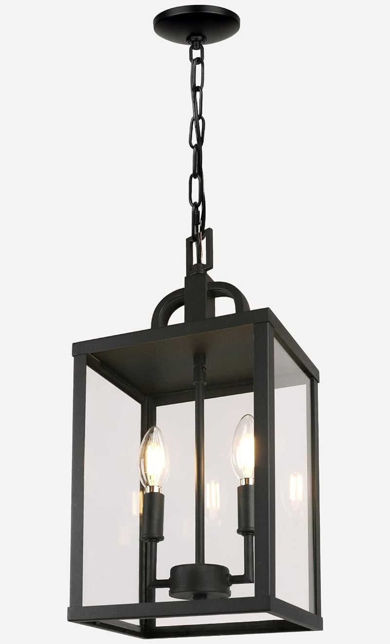 PARTPHONER Large Outdoor Indoor Pendant Light 2-Light, Modern Black Metal Outside Chandelier Exterior Hanging Fixture Ceiling Mount with Clear Glass Shade for Front Porch Entrance Foyer Entryway (Bulb Included) - Image 1
